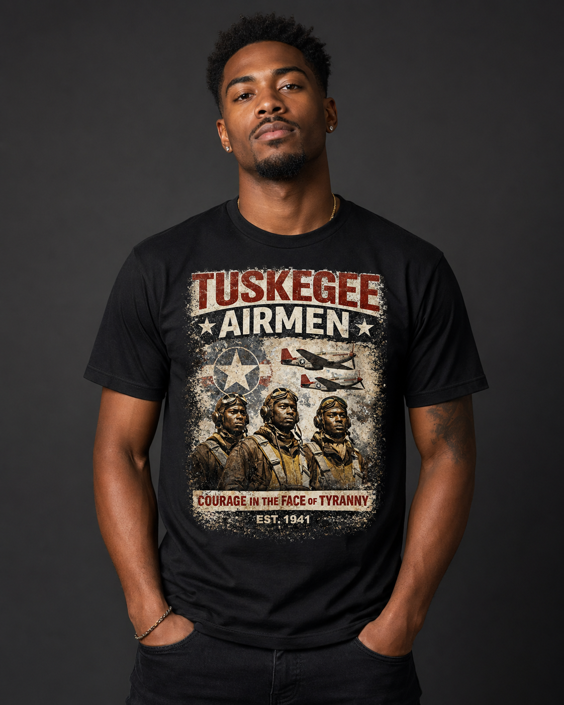 Tuskegee Airmen Courage in the Face of Tyranny T-Shirt | WWII Black Pilot Tee