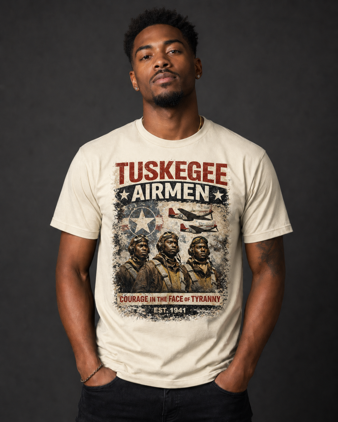 Tuskegee Airmen Courage in the Face of Tyranny T-Shirt | WWII Black Pilot Tee