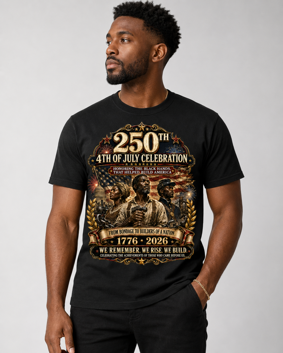 250th Year 4th of July Celebration T-Shirt – Honoring Black Hands That Helped Build America