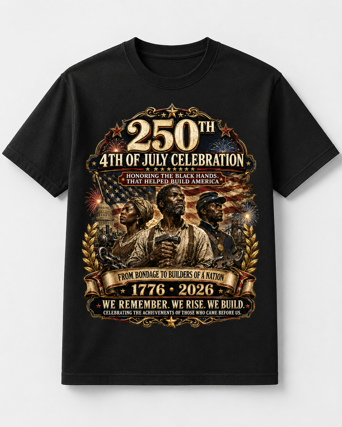 250th Year 4th of July Celebration T-Shirt – Honoring Black Hands That Helped Build America