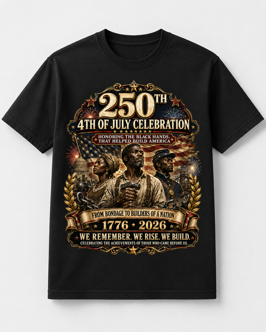 250th Year 4th of July Celebration T-Shirt – Honoring Black Hands That Helped Build America